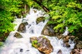 Jungle landscape with flowing turquoise water of georgian cascade waterfall at deep green forest. Mountain of georgia Royalty Free Stock Photo