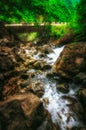 Jungle landscape with flowing turquoise water of georgian cascade waterfall at deep green forest. Mountain of georgia Royalty Free Stock Photo