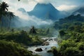 jungle landscape illustration, river between mountains and jungle. Generative AI