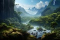 jungle landscape illustration, river between mountains and jungle. Generative AI