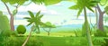 Jungle leaves. Dense thickets. View from Tropical forest panorama. Southern Rural Scenery. Illustration in cartoon style
