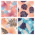 Jungle leaves flat vector seamless patterns set. Creative memphis style tropical foliage texture. Abstract colorful Royalty Free Stock Photo