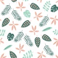 Jungle leaves pattern. Botany tropical leaves seamless pattern. Green and pink jungle plants wallpaper. Nature summer background.