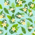 Jungle leaves, tropical flower Frangipani seamless pattern