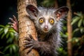 Jungle lemur clinging to tree trunk, forest background Royalty Free Stock Photo