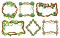 Jungle liana frames. Cartoon rainforest branches with moss, vines with tropical leaves and exotic flowers round and