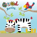 Jungle life with cute bird and zebra, vector cartoon illustration