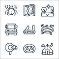 Jungle line icons. linear set. quality vector line set such as camping tent, sloth, flamingo, vines, swiss knife, trees, map