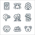 Jungle line icons. linear set. quality vector line set such as koala, wood, lion, canoe, trees, flamingo, flower, spider