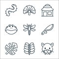 jungle line icons. linear set. quality vector line set such as panther, plant, leaf, machete, dragonfly, frog, hut, fern