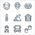 Jungle line icons. linear set. quality vector line set such as paws, explorer, wood house, camping tent, knife, sloth, waterfall