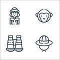 Jungle line icons. linear set. quality vector line set such as explorer hat, binocular, monkey