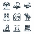 Jungle line icons. linear set. quality vector line set such as road, volcano, owl, palm trees, cave, binoculars, snake, parrot