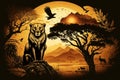 Jungle with mountains, old tree, birds lion and meerkat on golden cloudy sunset background Royalty Free Stock Photo