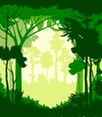 Jungle mountains panorama. Vector illustration. Forest to the horizon. Silhouette landscape. Long away. Royalty Free Stock Photo