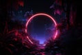 Jungle at night 3D rendering features neon circles in foliage