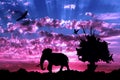 Jungle with old tree, birds and elephant on purple cloudy sunset