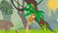 Jungle with a palm tree, hippo, monkey and parrot