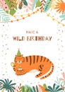 Jungle party card. Tiger wild birthday party postcard. Jungle palm leaves frame. Wild party template with cute tiger in hat. Wild