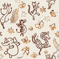 Jungle party - dancing wild animals. Hand drawn ink drawing with safari african wildlife. Comic, funny seamless pattern Royalty Free Stock Photo