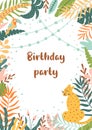 Jungle party invitation. Tropical birthday party invite. Jungle leaves frame. Wild party template with leopard, jaguar