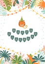 Jungle party invitation. Tropical birthday party invite. Jungle palm leaves frame. Wild party template with funny tiger