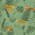 Jungle Pattern with Tropical Pastel Green Colors Leaves and Wild Animals