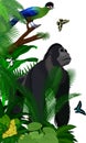 jungle rainforest foliage vertical border illustration with male gorilla, Hartlaub`s turaco and broadly green-banded swallowtail Royalty Free Stock Photo