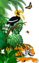 jungle rainforest foliage vertical border illustration with tiger, great hornbill and butterflies