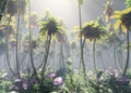 Jungle, rainforest during the plank, palm trees in the morning in the fog, jungle in the haze, 3D rendering Royalty Free Stock Photo