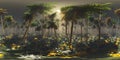 Jungle, rainforest during the plank, palm trees in the morning in the fog, jungle in the haze, 3D rendering