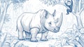 Cute Monkey Swinging and Rhino in Jungle Forest Outline Art Royalty Free Stock Photo