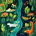 Jungle River, Animals, Plants, and Water Royalty Free Stock Photo