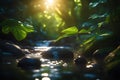 jungle river dark sun beams along with spring water generated by Ai