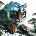 Jungle Roar Tiger in double exposure wilderness and jungle on a white background. Royalty Free Stock Photo