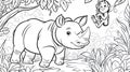 Cute Cartoon Rhino and Monkey Swinging in Jungle - Coloring Page Outline Royalty Free Stock Photo