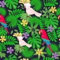 Jungle seamless pattern with tropical leaves and flowers and parrots on the white background. Vector illustration. Royalty Free Stock Photo