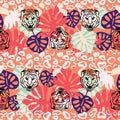 Jungle seamless vector pattern with wild cats and tropical plants in red coral colors.