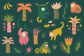 Jungle sticker collection with monkey and palm trees in retro green colours. Royalty Free Stock Photo