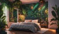 A jungle-themed bedroom with neon lights illuminating lush foliage on the