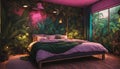 A jungle-themed bedroom with neon lights illuminating lush foliage on the