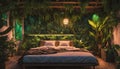 A jungle-themed bedroom with neon lights illuminating lush foliage on the