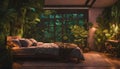 A jungle-themed bedroom with neon lights illuminating lush foliage on the