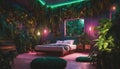 A jungle-themed bedroom with neon lights illuminating lush foliage on the