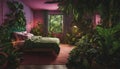 A jungle-themed bedroom with neon lights illuminating lush foliage on the