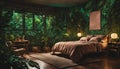 A jungle-themed bedroom with neon lights illuminating lush foliage on the