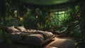 A jungle-themed bedroom with neon lights illuminating lush foliage on the