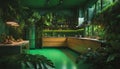 A jungle-themed kitchen with neon lights illuminating lush foliage on the