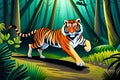 In the jungle there is a striped tiger walking out of the forest while looking for food. Comic stle Generative AI