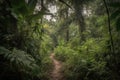 jungle trail winding its way through dense foliage, with glimpses of the sky above